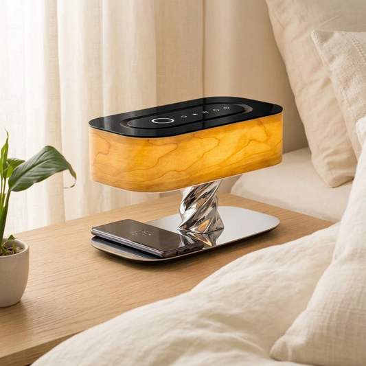Wooden table lamp with a glowing oval shade and a shiny twisted chrome base on a bedside table with a charging phone.