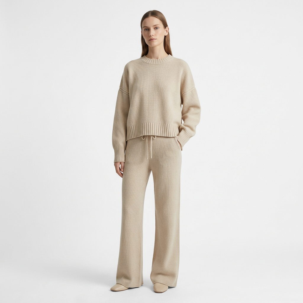 Wide Leg Knit Loungewear Set, beige by Merch Gone Viral; 2-piece knit sweater top and drawstring pants