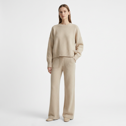 Wide Leg Knit Loungewear Set, beige by Merch Gone Viral; 2-piece knit sweater top and drawstring pants