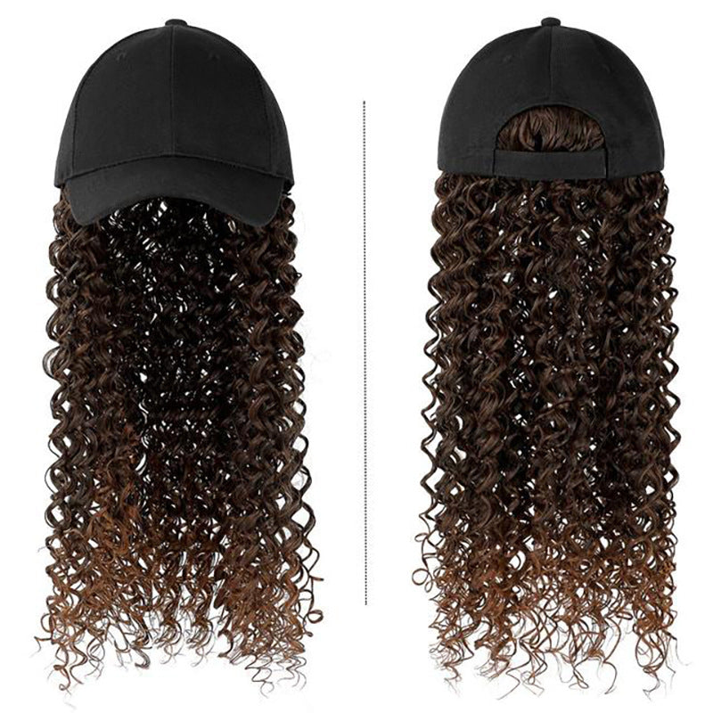Front and back views of a black baseball cap with attached long, curly brown ombre hair extensions.