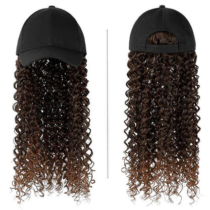 Front and back views of a black baseball cap with attached long, curly brown ombre hair extensions.