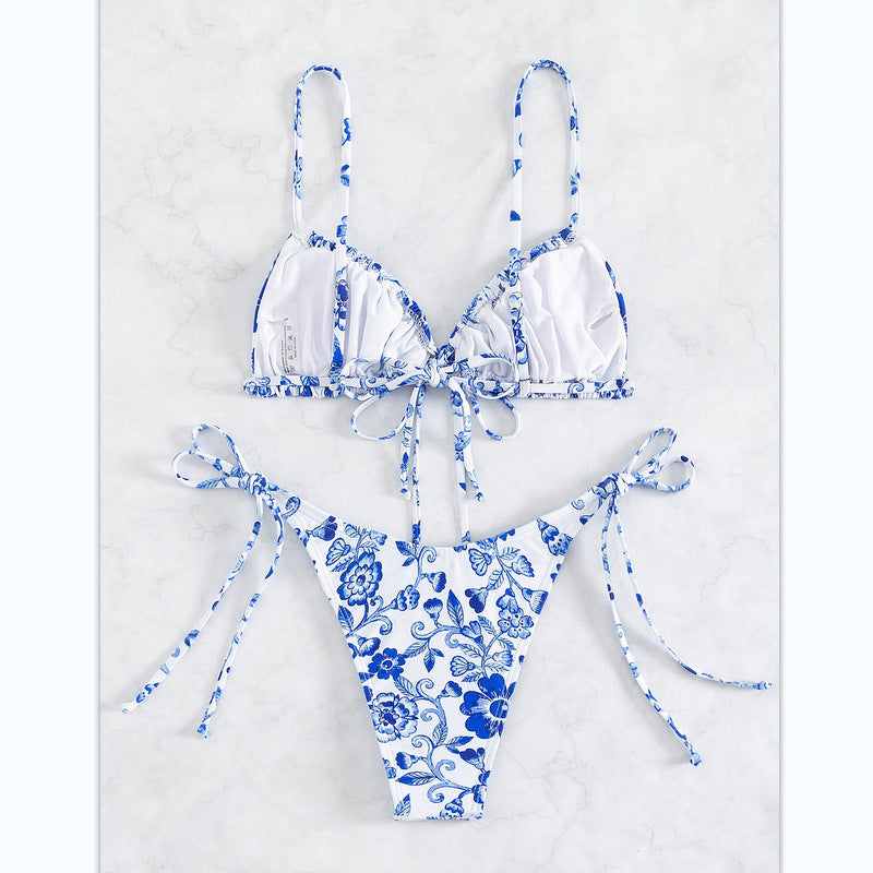 Floral Bikini Set with Convertible Top in Blue and White for Women