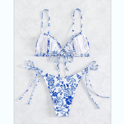Floral Bikini Set with Convertible Top in Blue and White for Women