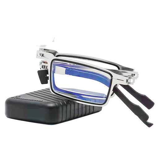 Reading glasses compact folding design with blue light protection resting on hard case