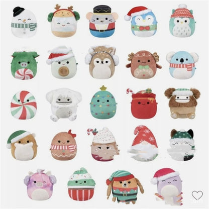 Christmas advent calendar grid of 24 mini plush toys with snowmen, reindeer, and Santa designs.