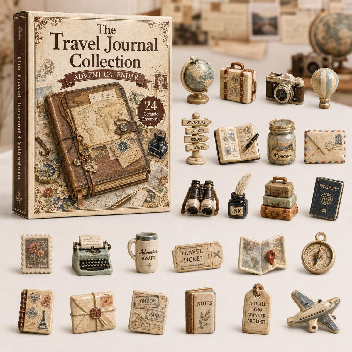 Travel journal advent calendar box beside twenty-four miniature ceramic travel-themed ornaments.