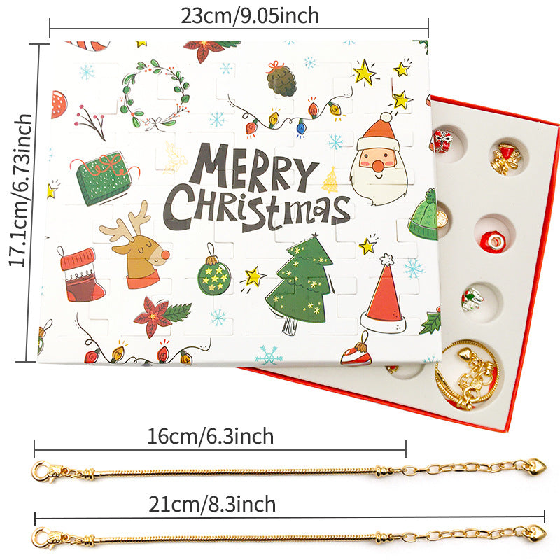 Christmas advent calendar box with holiday illustrations, open compartment showing charms, and two gold bracelets below.
