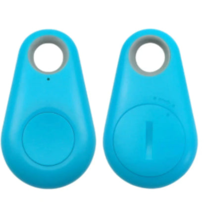 Two blue, waterproof Bluetooth tracker key tags with a loop design to attach to bags.