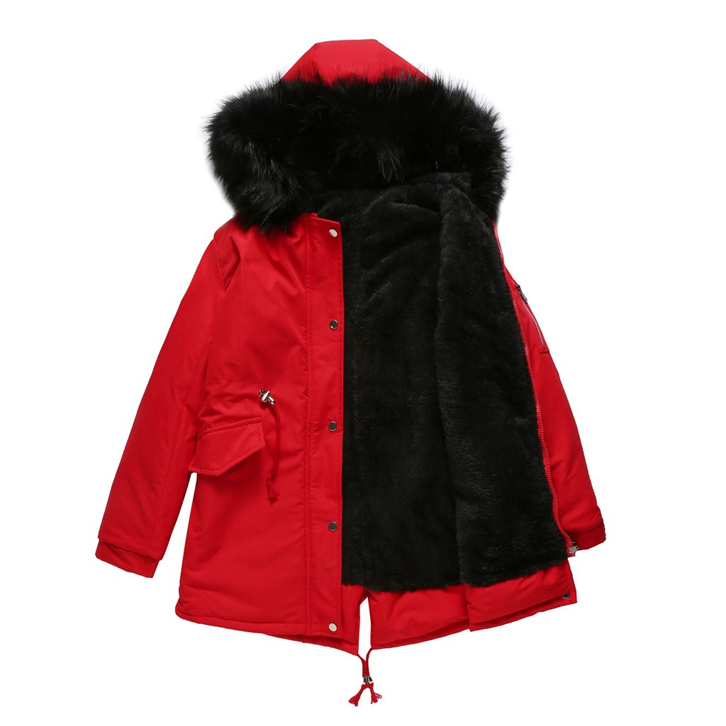 Red mid-length hooded parka coat with black faux fur lining and trim.