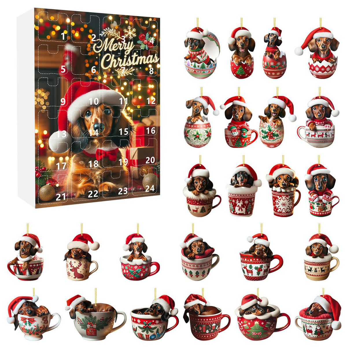 Advent calendar box with dachshund graphics and twenty-four miniature dachshund ornaments in festive cups.