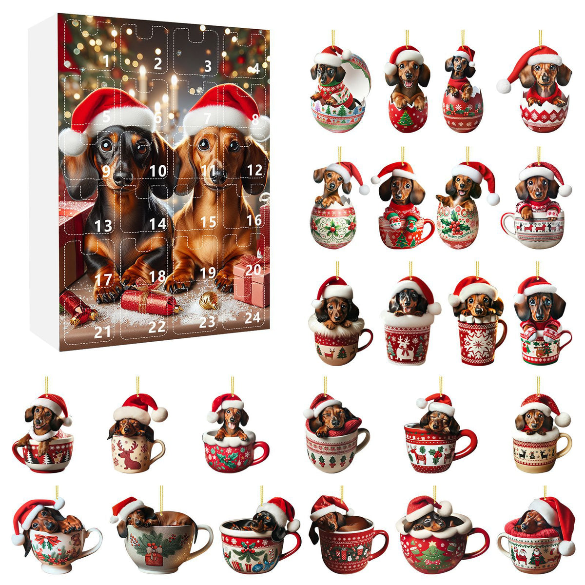 Dog in a cup Christmas ornaments set