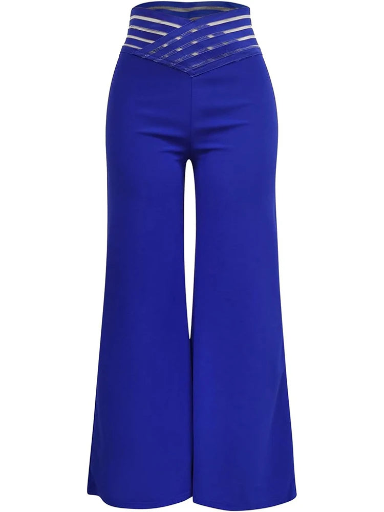 High-Waist Flared Pants with Sheer Mesh Patch for Office Wear