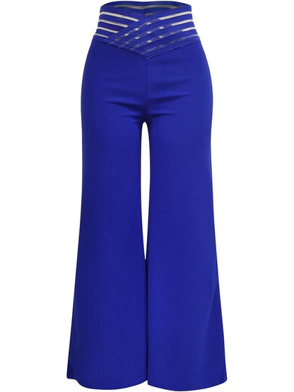 High-Waist Flared Pants with Sheer Mesh Patch for Office Wear