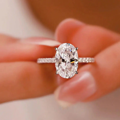 Oval Moissanite Ring with White Gold Plated Sterling Silver Band