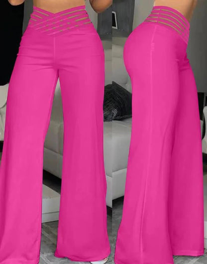 High-Waist Flared Pants with Sheer Mesh Patch for Office Wear