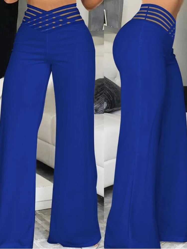 High-Waist Flared Pants with Sheer Mesh Patch for Office Wear