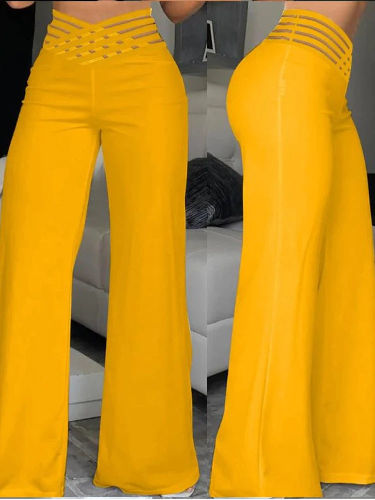 High-Waist Flared Pants with Sheer Mesh Patch for Office Wear