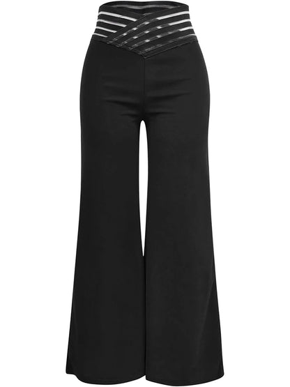 High-Waist Flared Pants with Sheer Mesh Patch for Office Wear