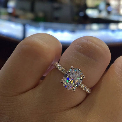 Oval Moissanite Ring with White Gold Plated Sterling Silver Band