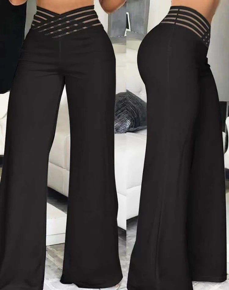 High-Waist Flared Pants with Sheer Mesh Patch for Office Wear