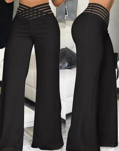 High-Waist Flared Pants with Sheer Mesh Patch for Office Wear