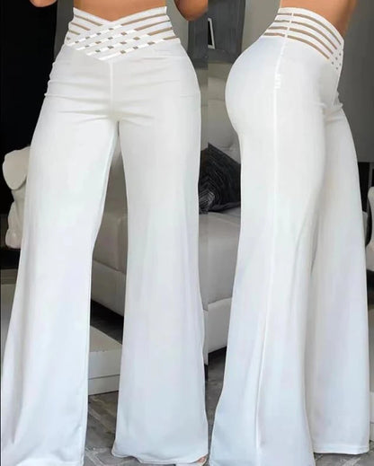 High-Waist Flared Pants with Sheer Mesh Patch for Office Wear