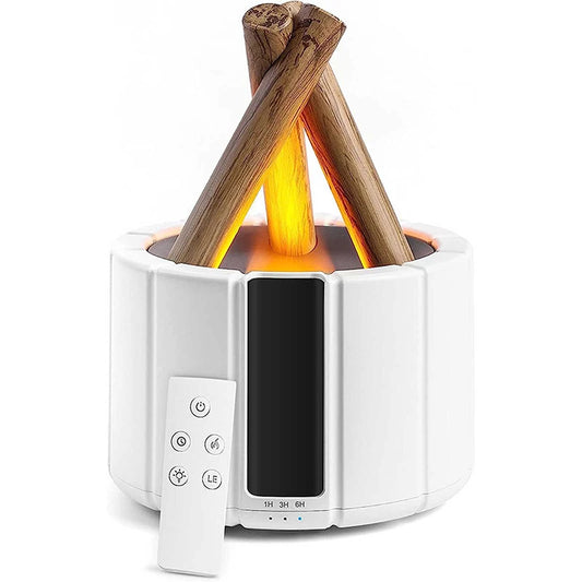 White round LED aroma diffuser with wood-look sticks for home decor, featuring adjustable brightness for ambient lighting.
