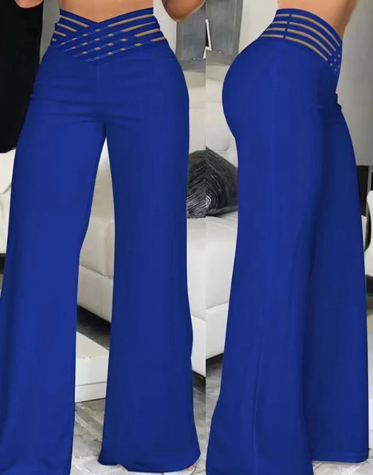 High-Waist Flared Pants with Sheer Mesh Patch for Office Wear