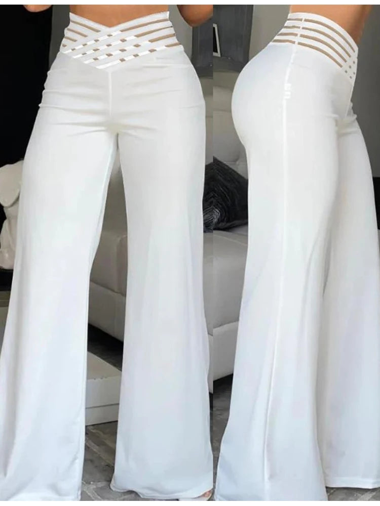 High-Waist Flared Pants with Sheer Mesh Patch for Office Wear