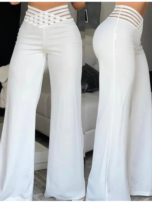 High-Waist Flared Pants with Sheer Mesh Patch for Office Wear