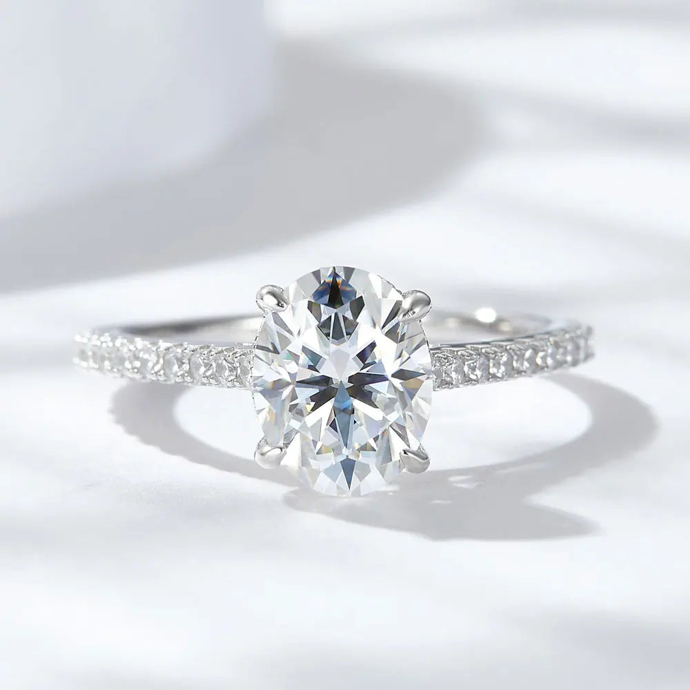 Oval Moissanite Ring with White Gold Plated Sterling Silver Band