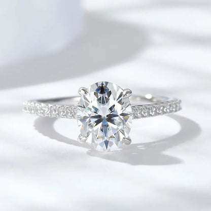 Oval Moissanite Ring with White Gold Plated Sterling Silver Band