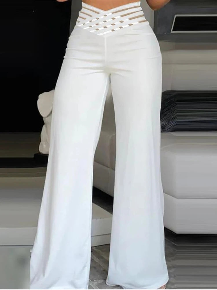 High-Waist Flared Pants with Sheer Mesh Patch for Office Wear