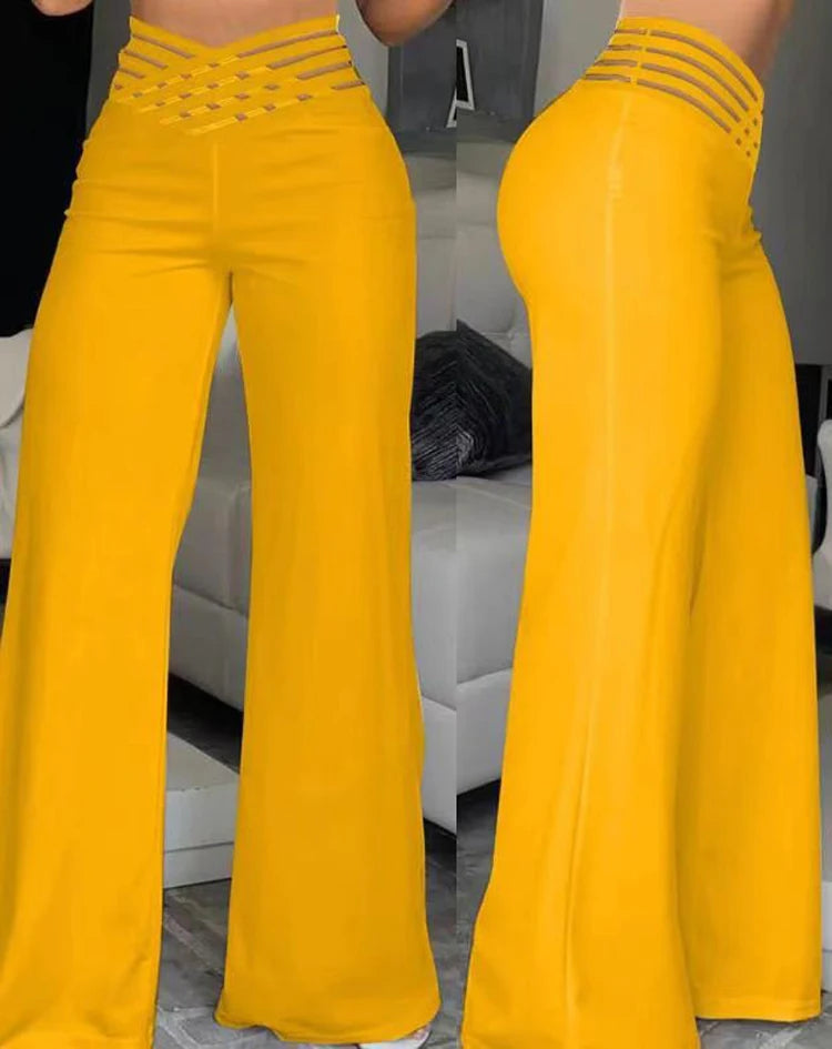 High-Waist Flared Pants with Sheer Mesh Patch for Office Wear