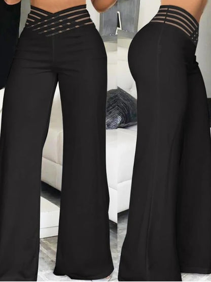 High-Waist Flared Pants with Sheer Mesh Patch for Office Wear