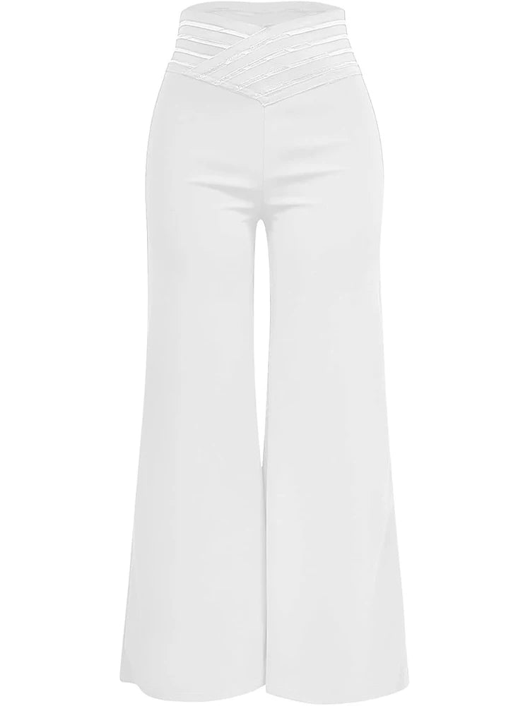 High-Waist Flared Pants with Sheer Mesh Patch for Office Wear