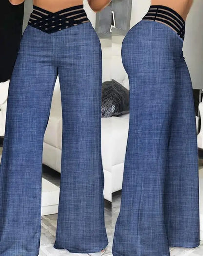 High-Waist Flared Pants with Sheer Mesh Patch for Office Wear