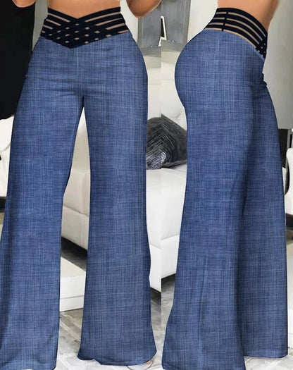 High-Waist Flared Pants with Sheer Mesh Patch for Office Wear