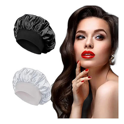Black and white satin sleep bonnets with wide bands shown with a woman model for hair protection