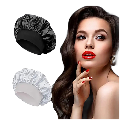 Black and white satin sleep bonnets with wide bands shown with a woman model for hair protection
