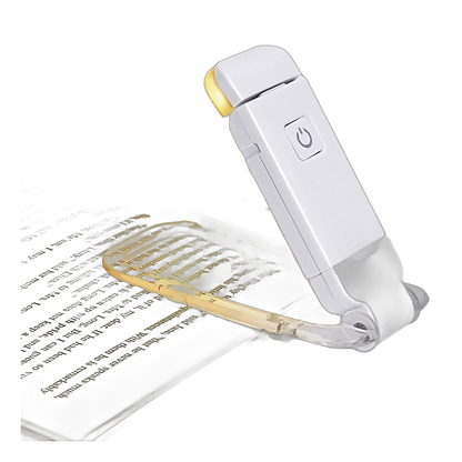 Book light rechargeable clip on reading light attached to open book page
