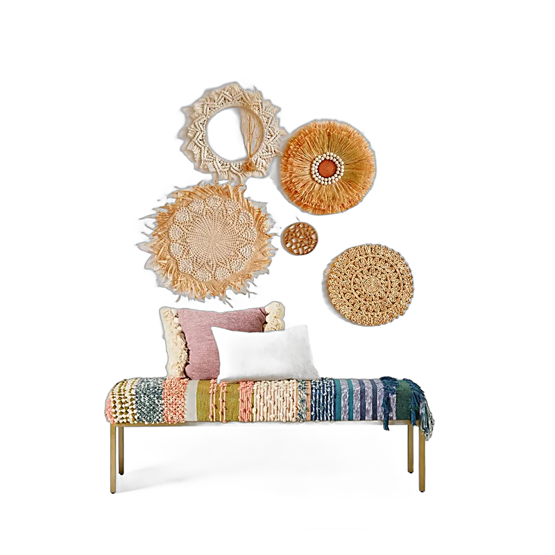 Wall arrangement of round woven wicker wall decor pieces above a bench