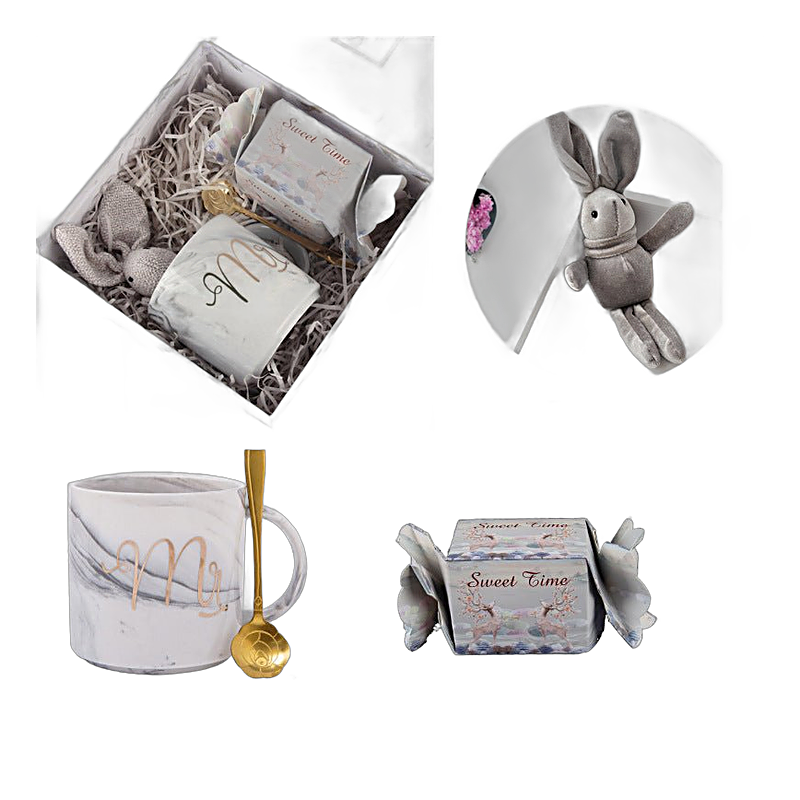 Gift set relaxation bath set featuring a ceramic mug, spoon, stuffed rabbit toy, and soap box