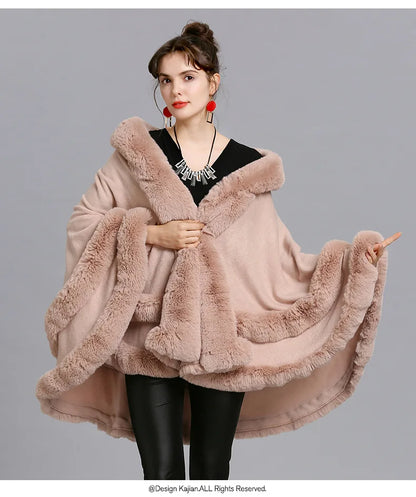 7 Women 2 Circle Fur Poncho Shawl Cloak With Hat Faux Fur Cape Big Pendulum Dovetail Cardigan Winter Warm Thick Loose Overcoat