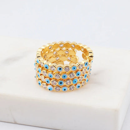 Adjustable Ring with Blue Evil Eye Open Copper Gold Tone Zircon Accent
