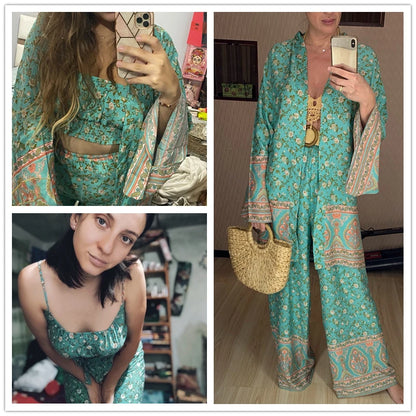 Teal floral flowy two-piece set with wide leg drawstring pants for a relaxed beach vacation outfit.