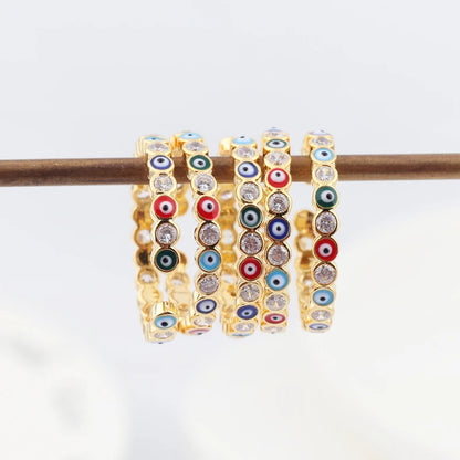 Adjustable Ring with Blue Evil Eye Open Copper Gold Tone Zircon Accent