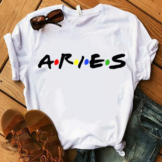 Short sleeve tee featuring Aries text with colored dots and crew neckline