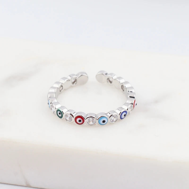 Adjustable Ring with Blue Evil Eye Open Copper Gold Tone Zircon Accent