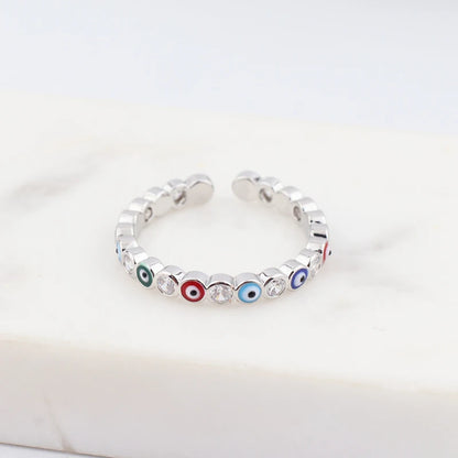 Adjustable Ring with Blue Evil Eye Open Copper Gold Tone Zircon Accent